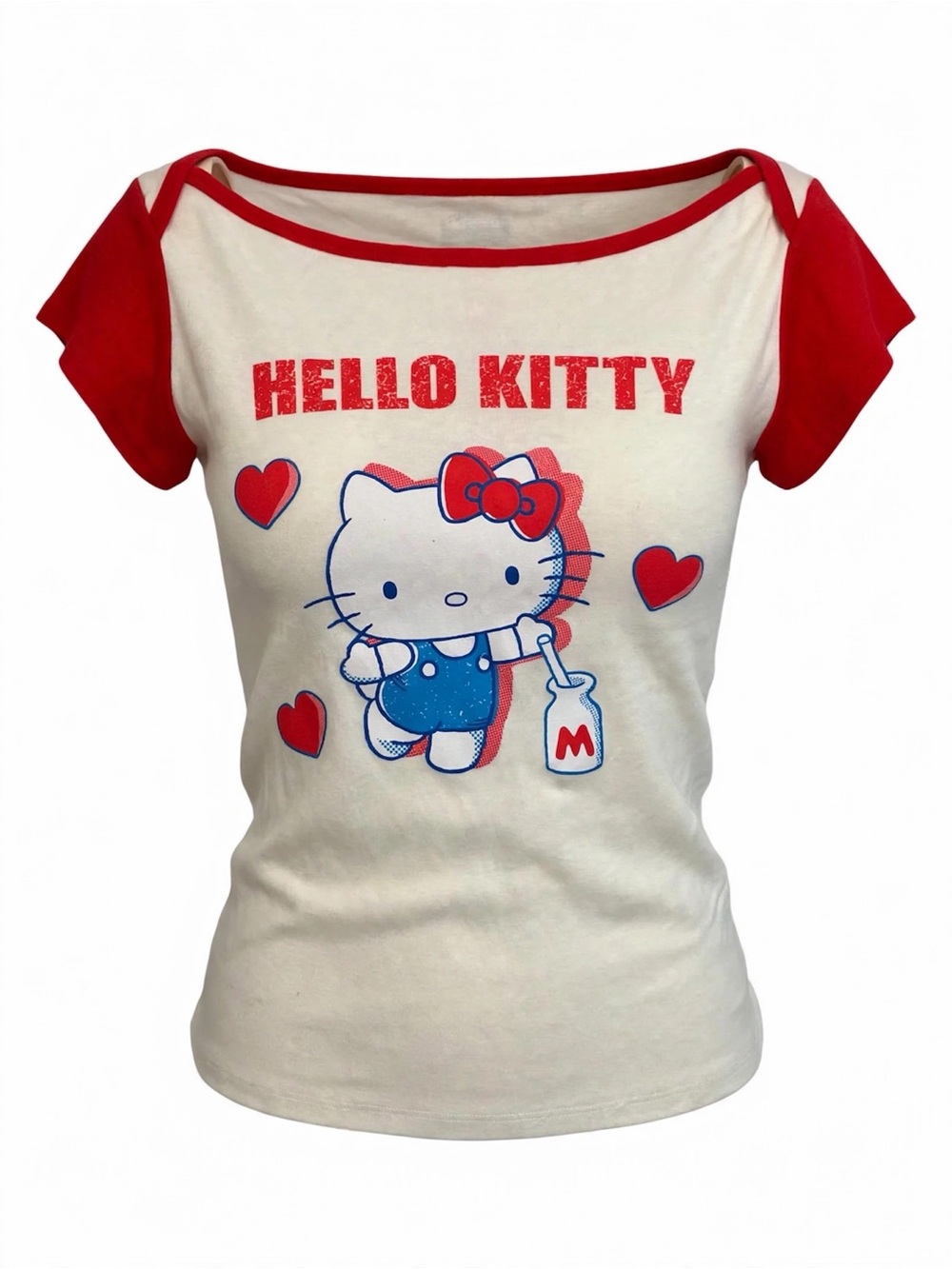 Hello Kitty White Tee with Red Trim and Blue Graphic